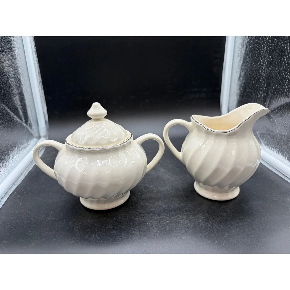 Vintage Creamer and Sugar‎ Bowl Set Off White Swirl Ceramic Silver Trim Lid